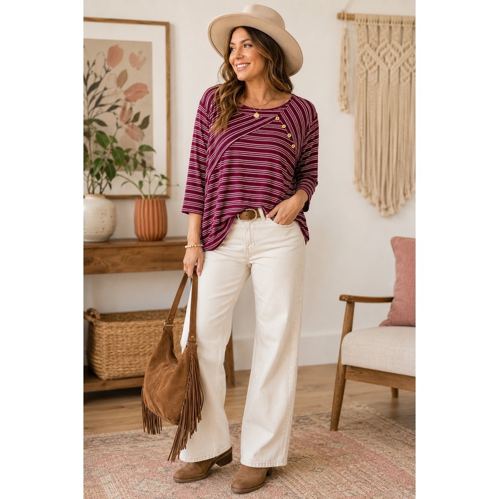 Women's 2X Burgundy Striped Ribbed Knit Asymmetrical Gold Button Fall Top